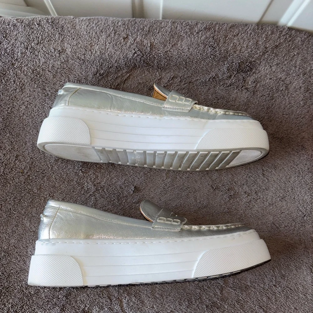 J/Slides Silver Metallic Platform Penny Loafers
